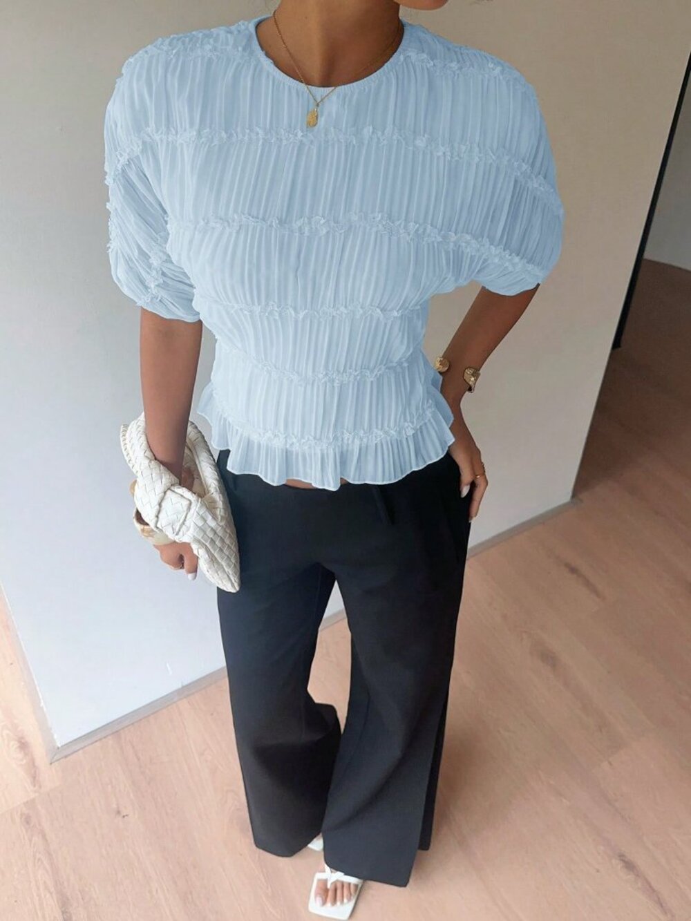 Baby Blue Casual Women's Elegant Baby Multi-Layer Lace Ruffle Crew Neck Blouse - Picture 5 of 7